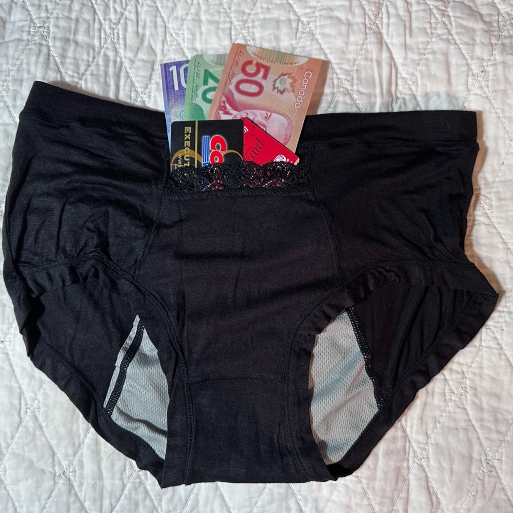 Black Menstrual Panties. Modal Bamboo Cotton underwear with secret compartment